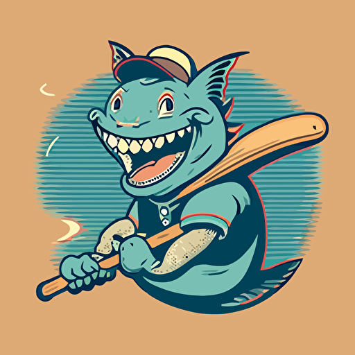 suckermouth catfish, 1930s baseball mascot, two colors, 1930s cartoon animation, vector logo, smiling, very simple, holding baseball