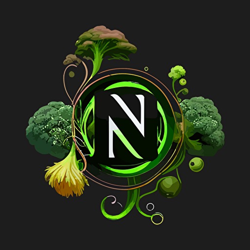 brocoli with four electrons orbiting around, the letters N and S in front and intertwine, logo, vector, minimal, flat, no background