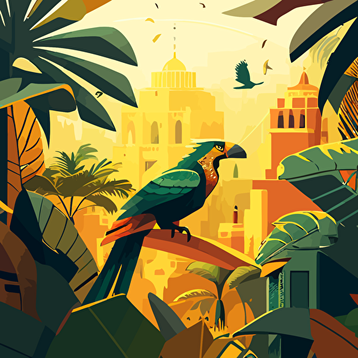 ILLUSTRATION OF THE GOLDEN CITY FOR A CHILDRENS BOOK, IN THE STYLE OF genndy tartakovsky. GOLDEN CITY, RAIN FORREST, PARROTS FLYING, JUNGLE, ADVENTURE SCENE, EXPLORE, HIGH CAMERA VIEW. gOLDEN HOUR. VECTOR ILLUSTRATION