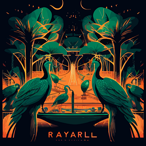 a party at a marina outdoors with a lot of peacocks, sailboats, banyan trees in neon colors, vector style modernist travel posters, Robert Falucci, Cappiello, Henry Reb, Franz Lenhart