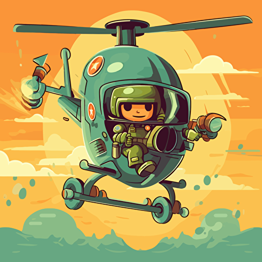 gaming cartoon style, soldier holding AT launcher jumping out of the helicopter "MH little Bird", vector art
