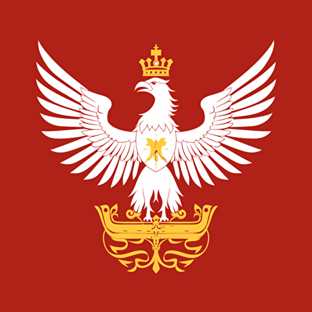 vector symbol of white eagle with golden crown on red background, without any additional emblems and elements under white tail, eager, giant, winning, modern, minimalistic