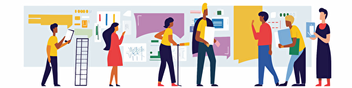 people drawing a roadmap on a long canvas on background, roadmap preseted with post-it and milestones, people with different kinds of skin and hair and gender, fun start-up, colorful vector illustration for slide presentation, flat color palette, true white background