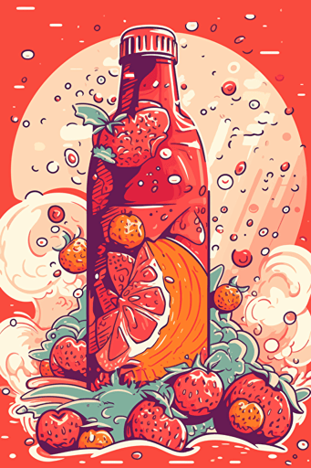 a colorful 2D vector label , flavor strawberry-orange-marshmallow soda, targeting teenagers, illustrations of Orange and strawberry, abstract and colorful shapes. Incorporate bubbles desing to emphasize the drink's bubbly texture.
