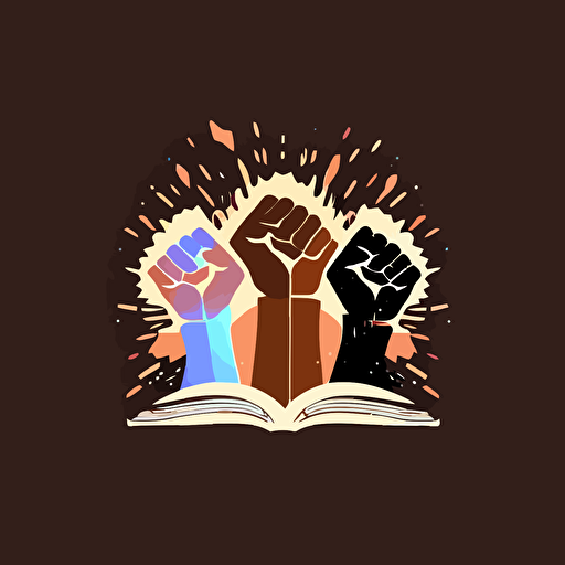 flat vector art, logo for book club, three fists in the air, white fist, brown fists, black fist, book