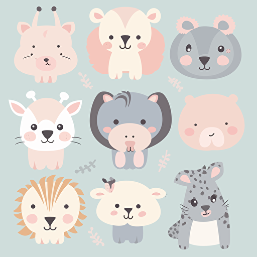 A flat vector illustration of cute animal clip art in pastel colors, perfect for decorating a nursery or child's room
