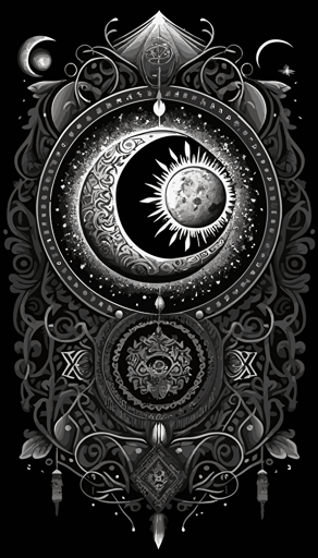 sacred geometry, lunar phases, black and white vector, ornate and detailed, totem, symmetrical,