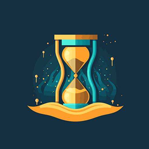 A sand timer with a stylized beach scene at the top, Sand sifting through the middle changing to gold tokens staking up at the bottom, vector style logo, blue sea colour background, HD