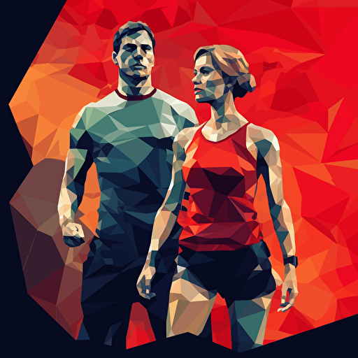 sports guy and girl in the style of the ussr poster, black and red colors, vector art polygon style