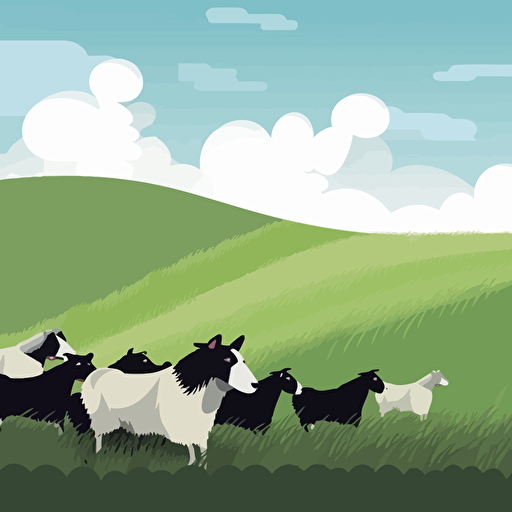 minimalistic sheep farm, border collie herding sheep, green grass, blue sky, vector art