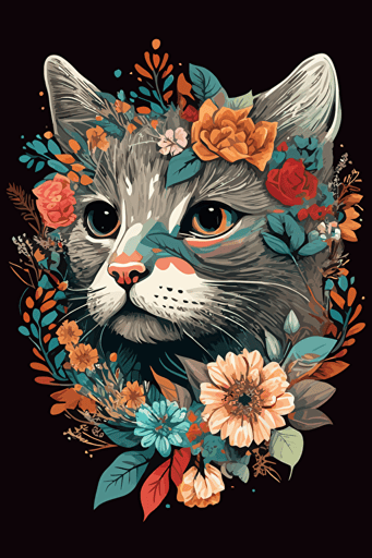 cat British short hair, flowers, boho color, Timba Smits style, vector, 2d,