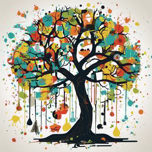 a tree with different objects in its branches