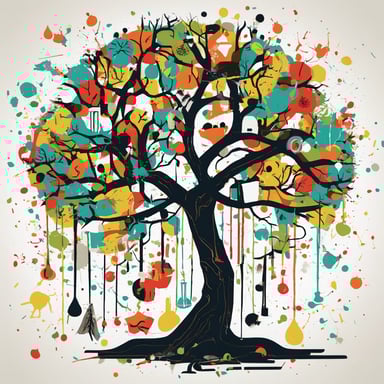 a tree with different objects in its branches