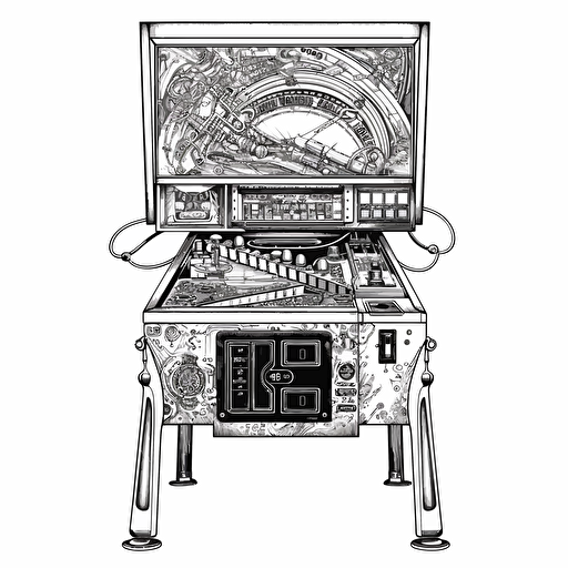 1980ies pinball machine, front view, vector art, detailed, black on white background, in the illustration style of jim phillips,