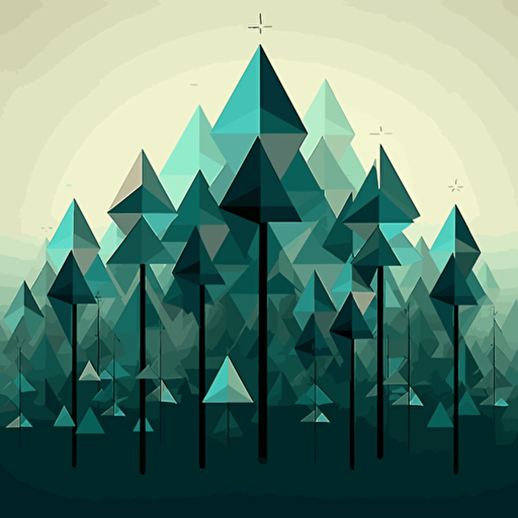 Minimalist triangles placed above each crossing point represent spruce trees, adding a modern, geometric touch. The triangles could gradually increase in size as they move upwards, creating an abstract forest effect that highlights the region's dense spruce forests, vector, line, minimalist:
