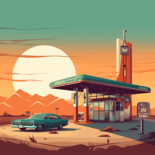 gas station in desert, sunny, silhouette, mondo poster, minimal illustration, vector art, dkng style, 5 retro colours, minimal, not too detailed, hard shapes,