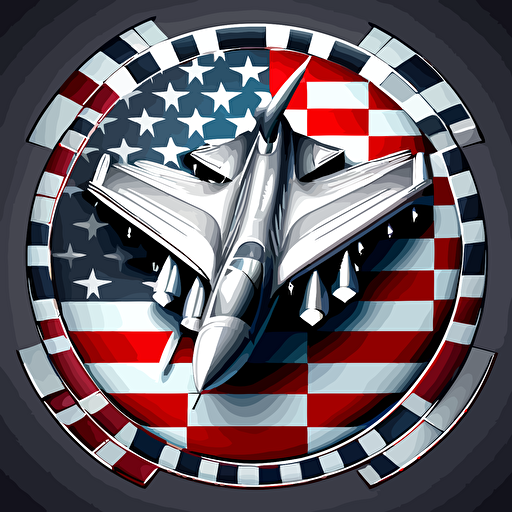 chess board, silver f18 jet in circle, badge, american flag, stars, stripes, jet plane, vector art, illustration, 2d, detailed