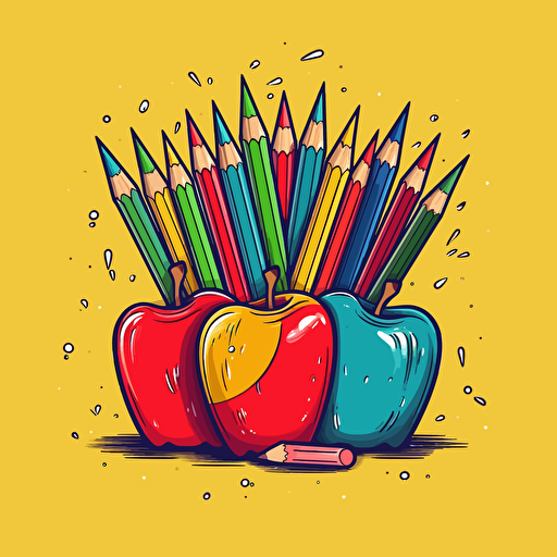 an illustration of apples and crayons stylized, vector art style, back to school style,