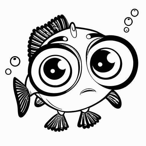 cute fish, big cute eyes, pixar style, simple outline and shapes, coloring page black and white comic book flat vector, white background
