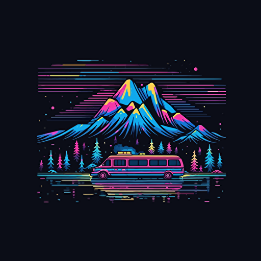 mountain lake shuttle logo, flat image, pixel art Neon, pink blue white and black, vector simple, fun, creativity, playfulness, high quality