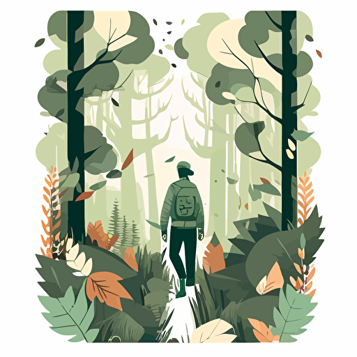 adobe illustractor vector style illustration of man walking through forest, — ar 17:22, sage green colours