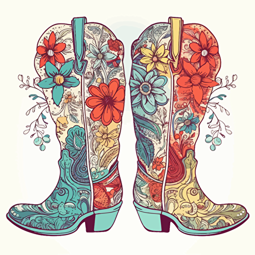 adorable brightly colored pair of cowboy boots with floral design on a white background + doodle style + white background + simple vector + bright colors