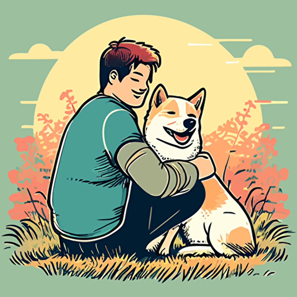 man sitting on grass and hugging a cute happy cream color akita-inu dog, beautiful background, cartoon, vector style, cute, colorful,