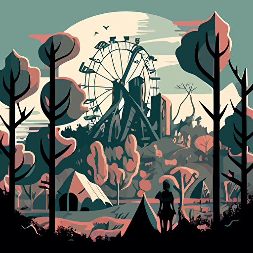 a view of a abandoned city in the background from vacant woods in the foreground with shrubs, trees, dead roses, clouds, broken carnival rides in the distance, figurativism academic art, flat illustration, vector style, perfect detail human shape, hyper detailed