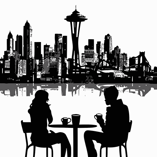 Illustration of an urban environment of two people drinking coffee in the background of the Seattle city skyline silhouette, vector isolated on the white back ground