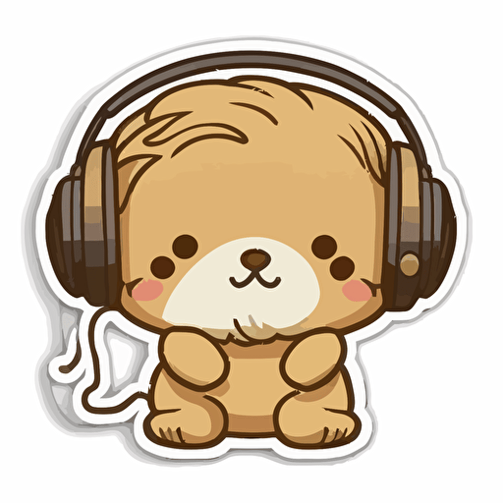 sticker, happy tan shih pooh wearing headphones, kawaii, contour, vector, white background s 250