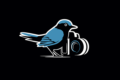 a swift bird carries a camera with its feet, vector logo, minimalist, simple, two color, blue, white, black