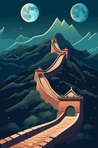 great wall of china, illustration, painting, night lighting, moon in sky, flat,vector