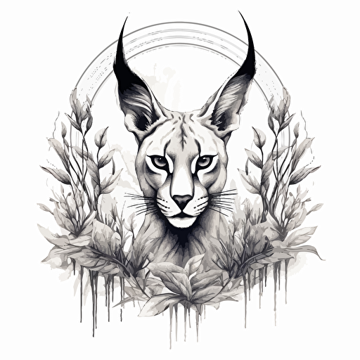 un vector d'un dessin de tatouage netroditionnel represantant un caracal avec de la vegetation autour. Image a plat avec lignes noir sur fond blanc