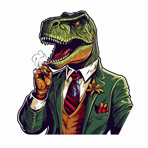 T-rex smoking a cigar wearing a business suit, big colour design, on blank white background, vector art, 2d