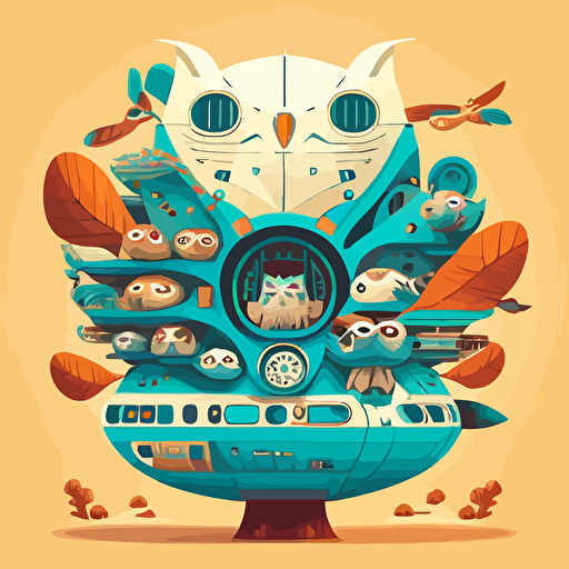 a flat cartoon vector illustration of the starship enterprise but it's staffed by owls