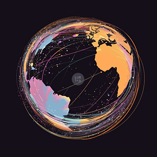 earth on black background, 2d vector, trails, purple, yellow, white, orange and pastel colors