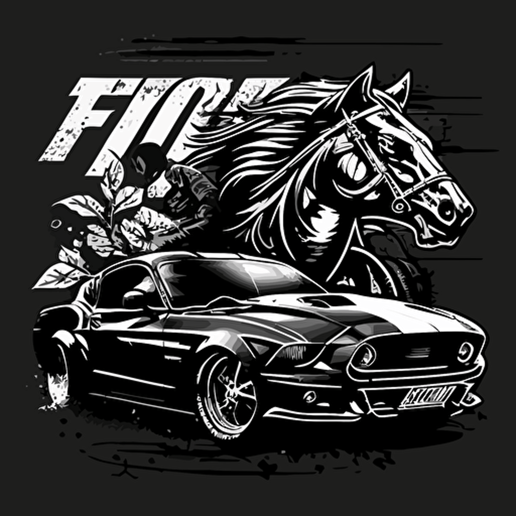 Motorcycle and Ford mustang in the logo, vector, black and white