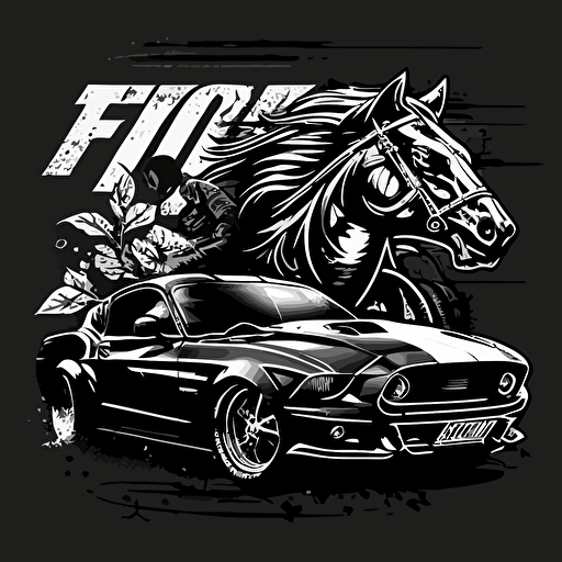 Motorcycle and Ford mustang in the logo, vector, black and white