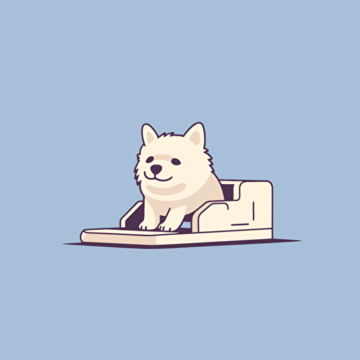 cute dog sitting down with paws on an open printer, side view, vector illustration, minimal style
