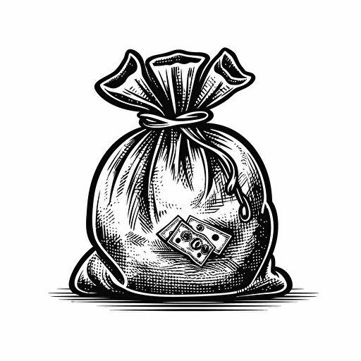 a money logo, money bag full of cash, black and white, white background, vector, png