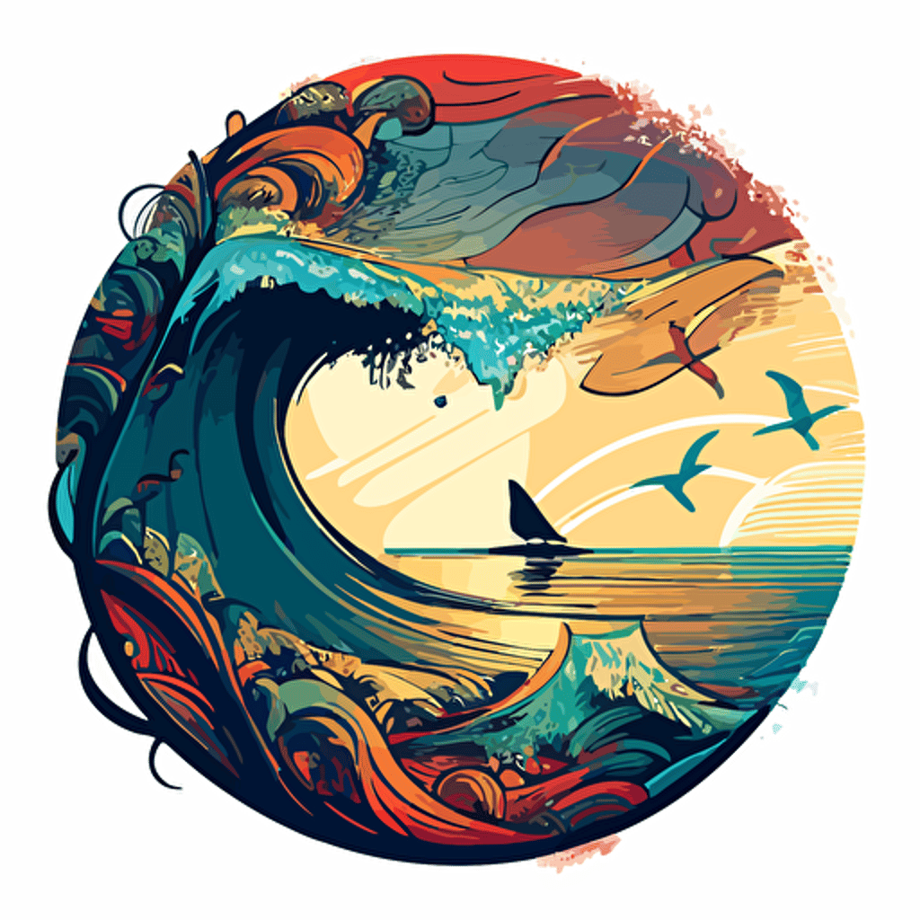 vector surfboard scene in a circle with waves and water colorful