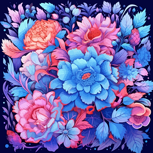 dozens of flowers, surrounded by floral motifs, 2d vector, blues and pinks, epic composition, vector design on the edges of the image