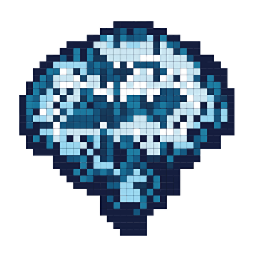 a brain, pixelated, vectorized, blue and white color palette, white background