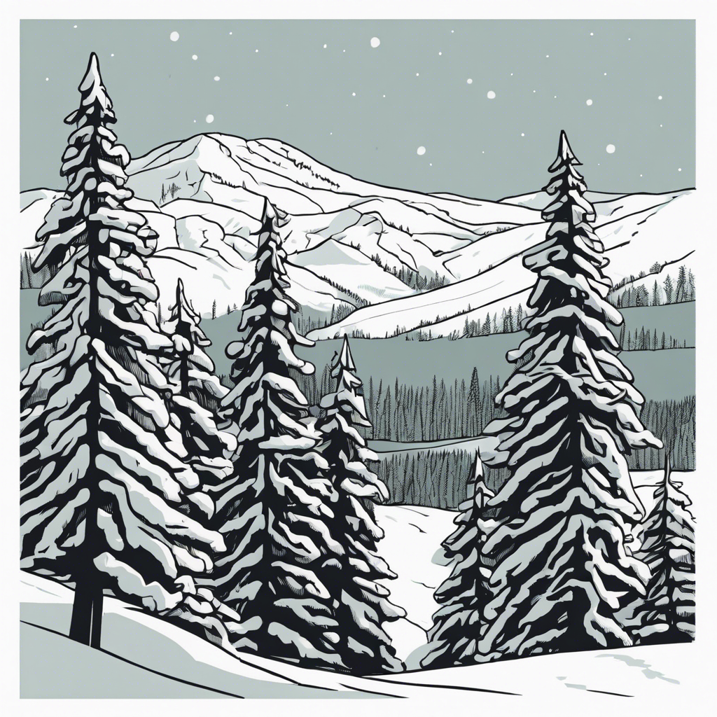 Snow-covered pine trees in a winter landscape.