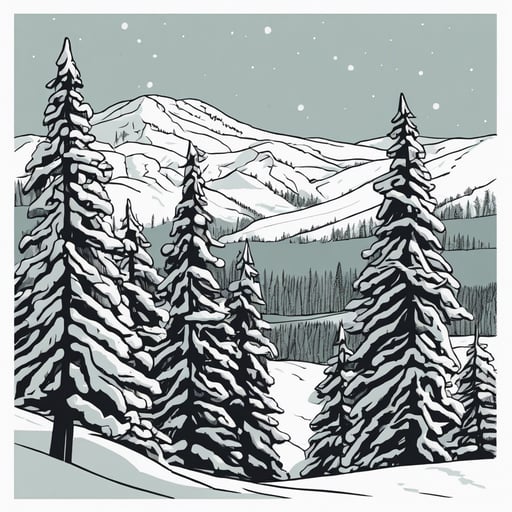 Snow-covered pine trees in a winter landscape.