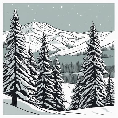 Snow-covered pine trees in a winter landscape.