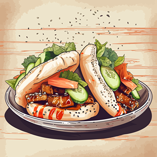 Retro poster of steamed bao Buns filled with pork belly and sweet syrup and coriander and cucumber and carrot pickles, artistic, clean background, vector, pencil drawn