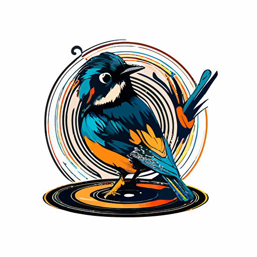 a small confused bird standing on a vinyl record, logo design, vector, illustration, triadic colours, simple