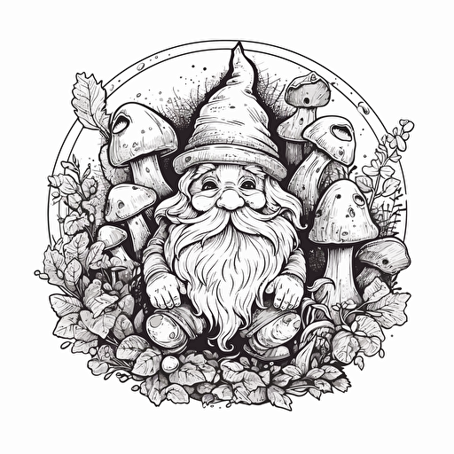 vector image for coloring page cute magical whimsical gnome and mushrooms with a clear background isolated on a white background