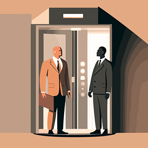 vector image of elevator with 2 people entering it , one with looks like a sales person, the other one is a senior official in a company